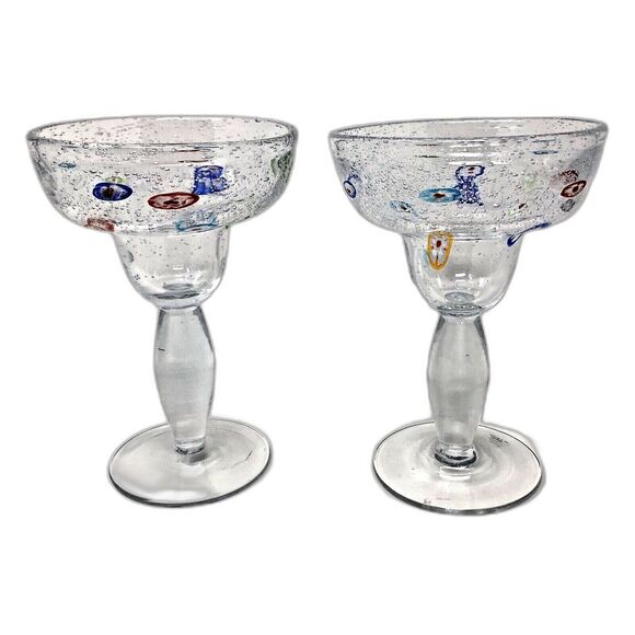 Margarita Hand Blown Glasses Vintage Millefiori Bullicante Barware Set of 2 - Picture 1 of 11
